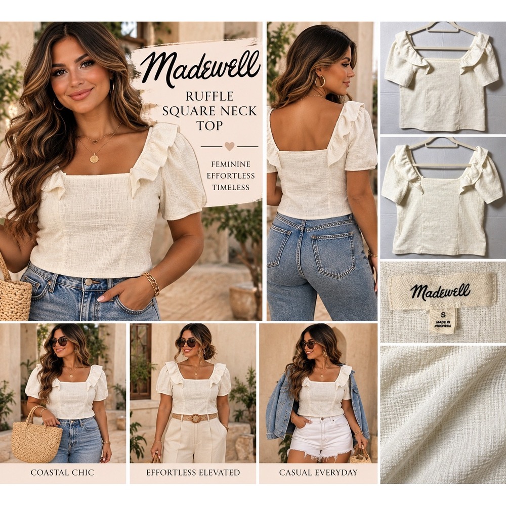 Madewell Ruffle Square Neck Top Ivory Cream Textured Woven Blouse Small